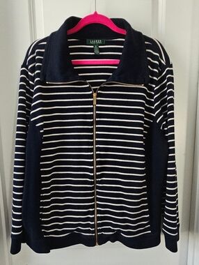 Lauren Ralph Lauren Navy & White Striped Zip-Up Jacket